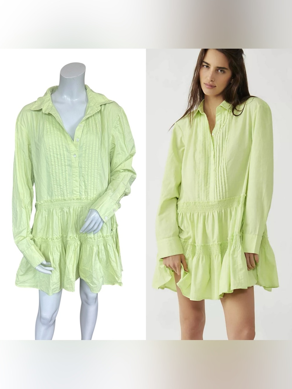 Free People Citrine Green Lime Long Sleeve Tiered Billie Cotton Mini Dress Med